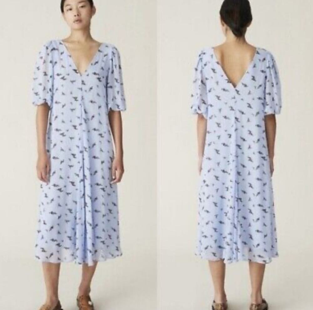 Ganni Georgette Midi Dress EU 34 US 2 Blue Black Floral Puff Sleeve V Neck